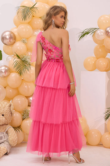 Fuchsia One Shoulder A Line Tiered Tulle Long Formal Dress